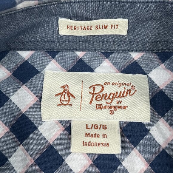 Original Penguin Heritage Slim Fit Womens Blue Check Button Down Shirt Sz Large - Picture 3 of 4